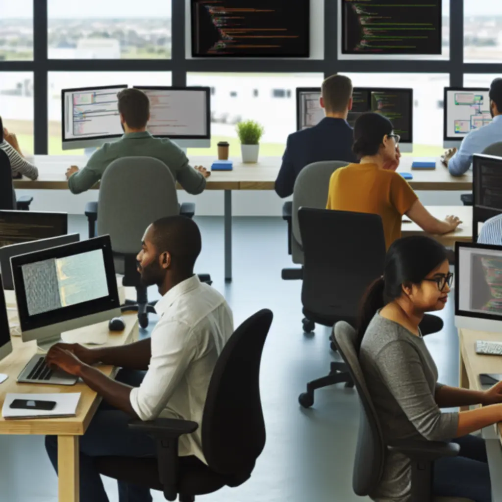 Software development team collaborating on code